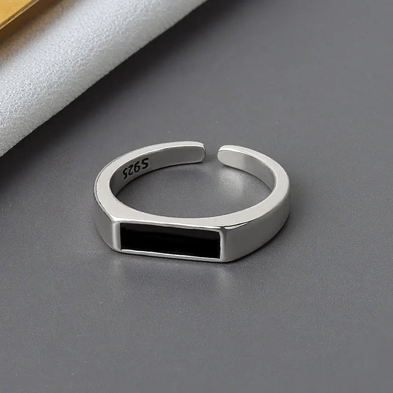 CIAXY Silver Color Geometric Black Rectangular Rings for Unisex Personality Adjustable Ring Fashion Simple  Jewelry