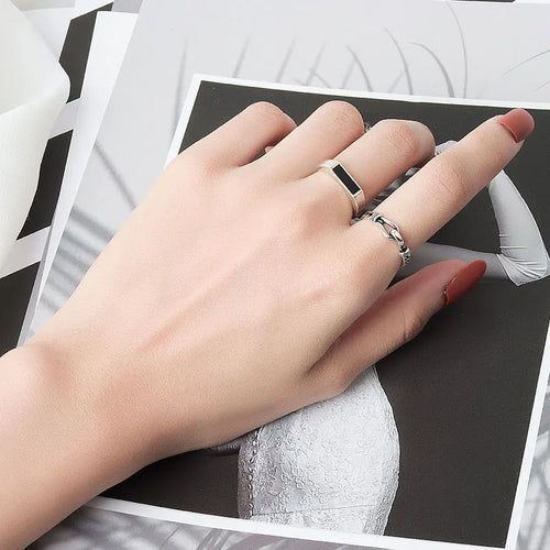 CIAXY Silver Color Geometric Black Rectangular Rings for Unisex Personality Adjustable Ring Fashion Simple  Jewelry