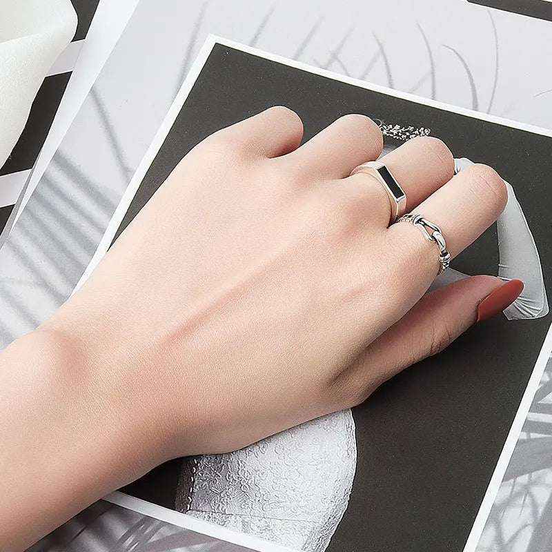 CIAXY Silver Color Geometric Black Rectangular Rings for Unisex Personality Adjustable Ring Fashion Simple  Jewelry